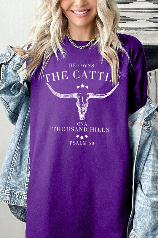 HE OWNS THE CATTLE PLUS HEAVY COTTON TEE
