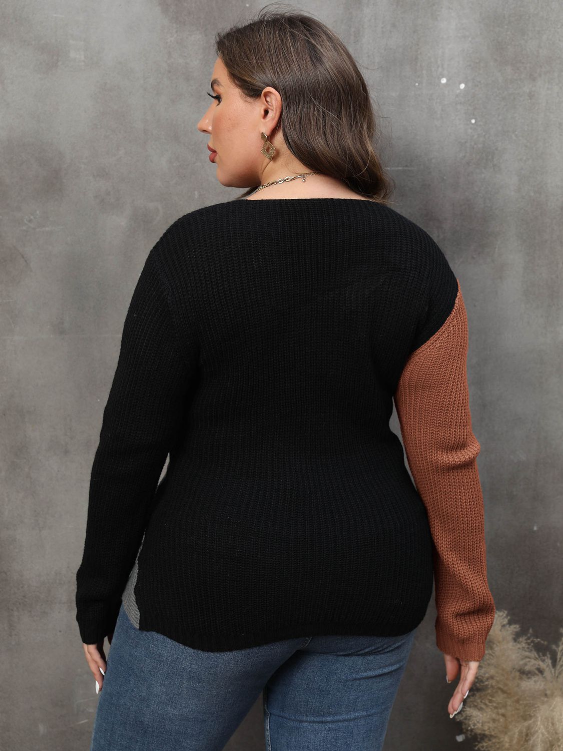 CurveChic Two-Tone Surplice Neck Sweater