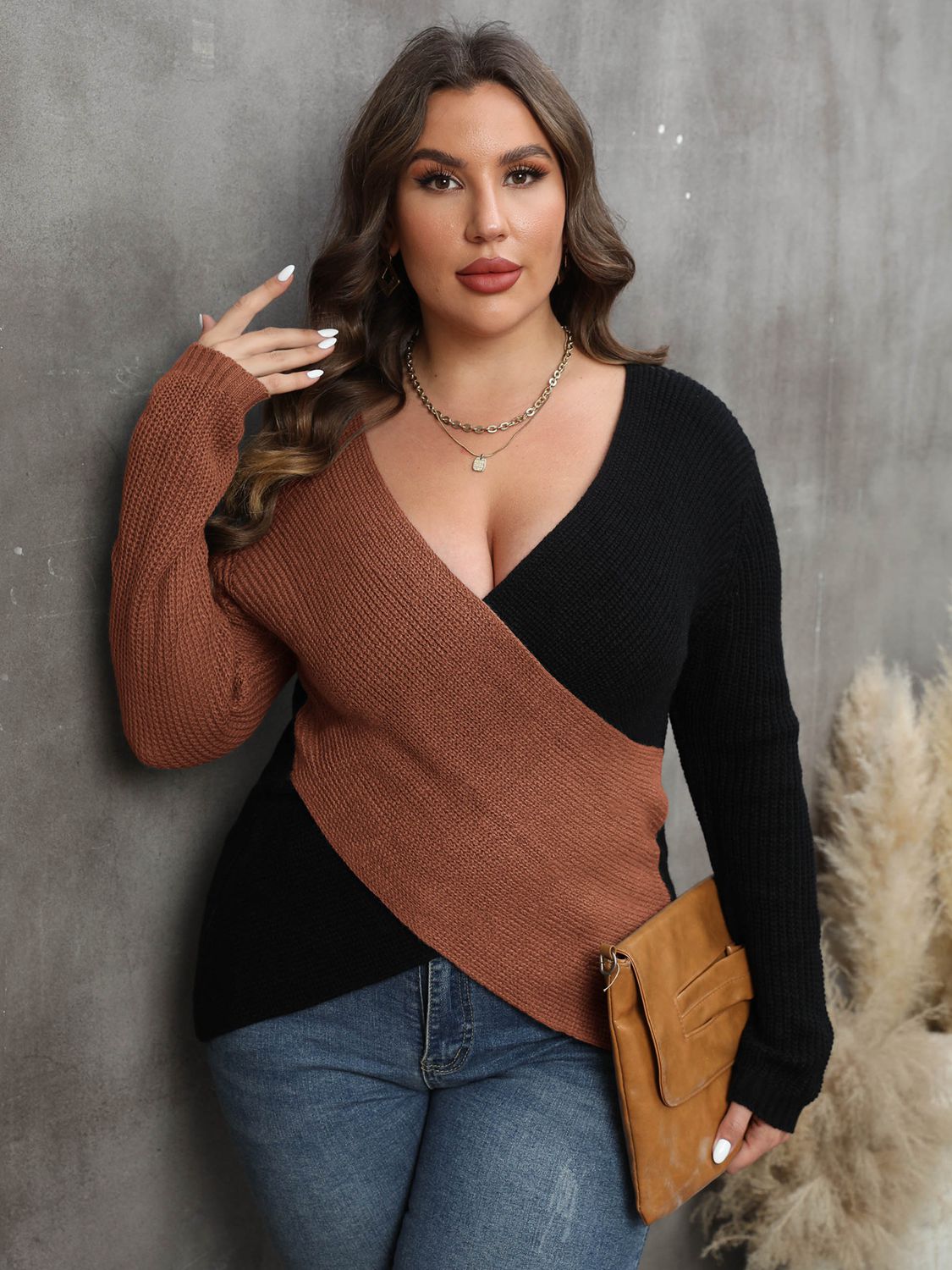 CurveChic Two-Tone Surplice Neck Sweater