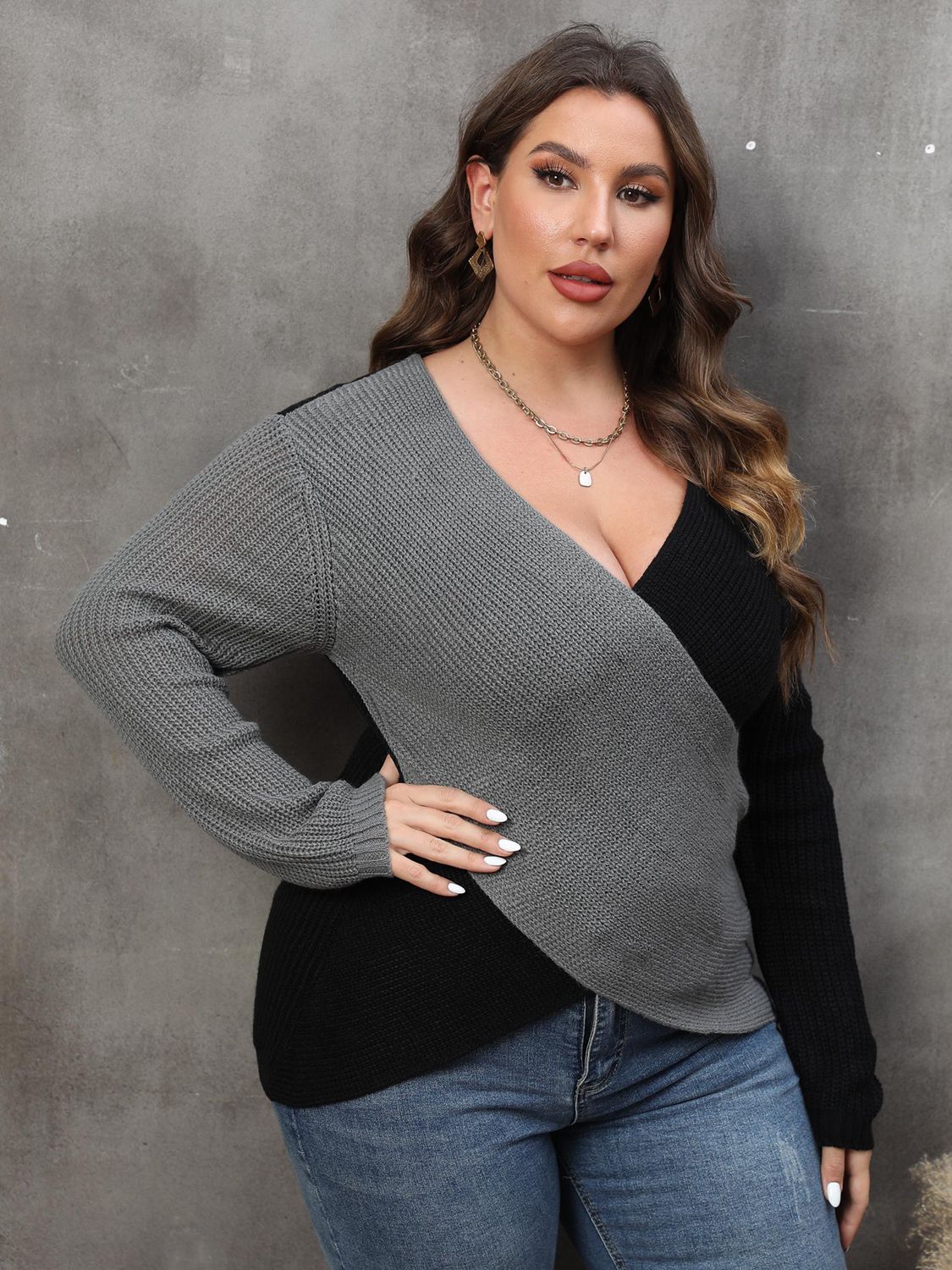 CurveChic Two-Tone Surplice Neck Sweater