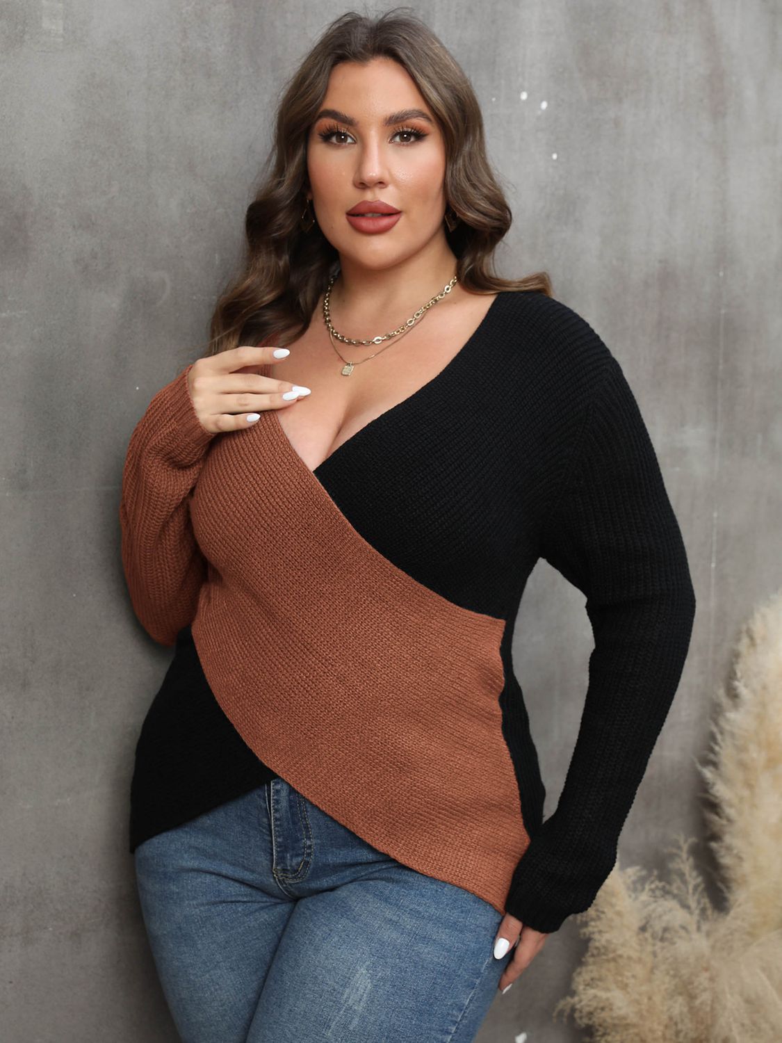 CurveChic Two-Tone Surplice Neck Sweater