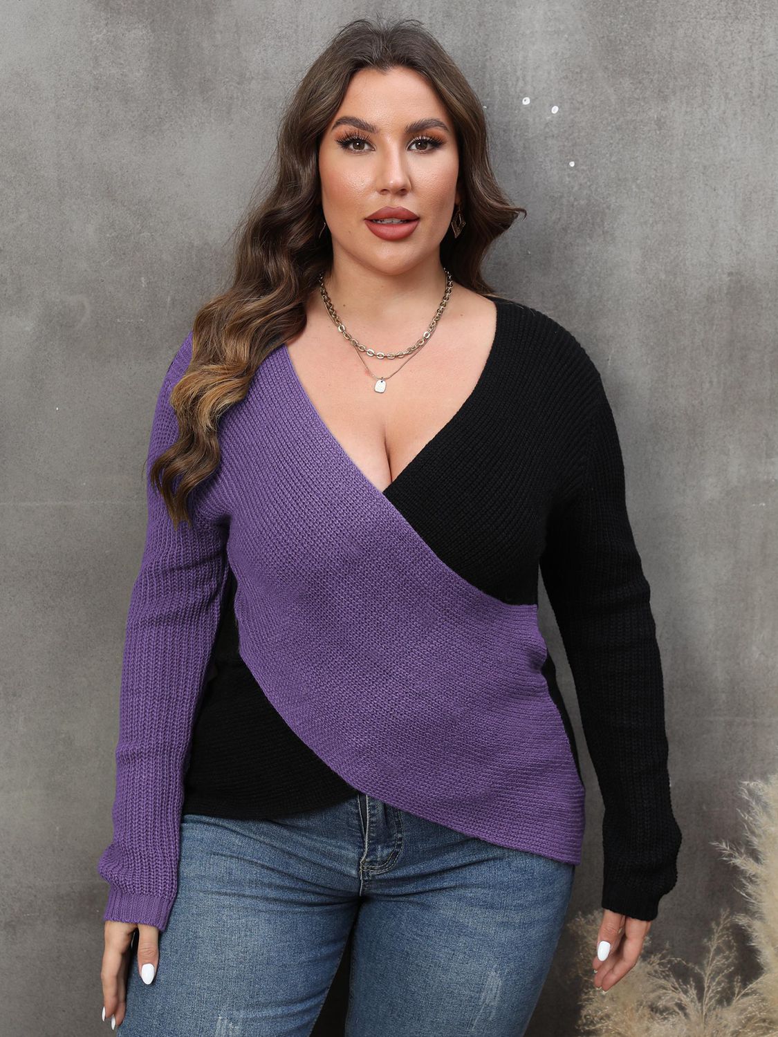 CurveChic Two-Tone Surplice Neck Sweater
