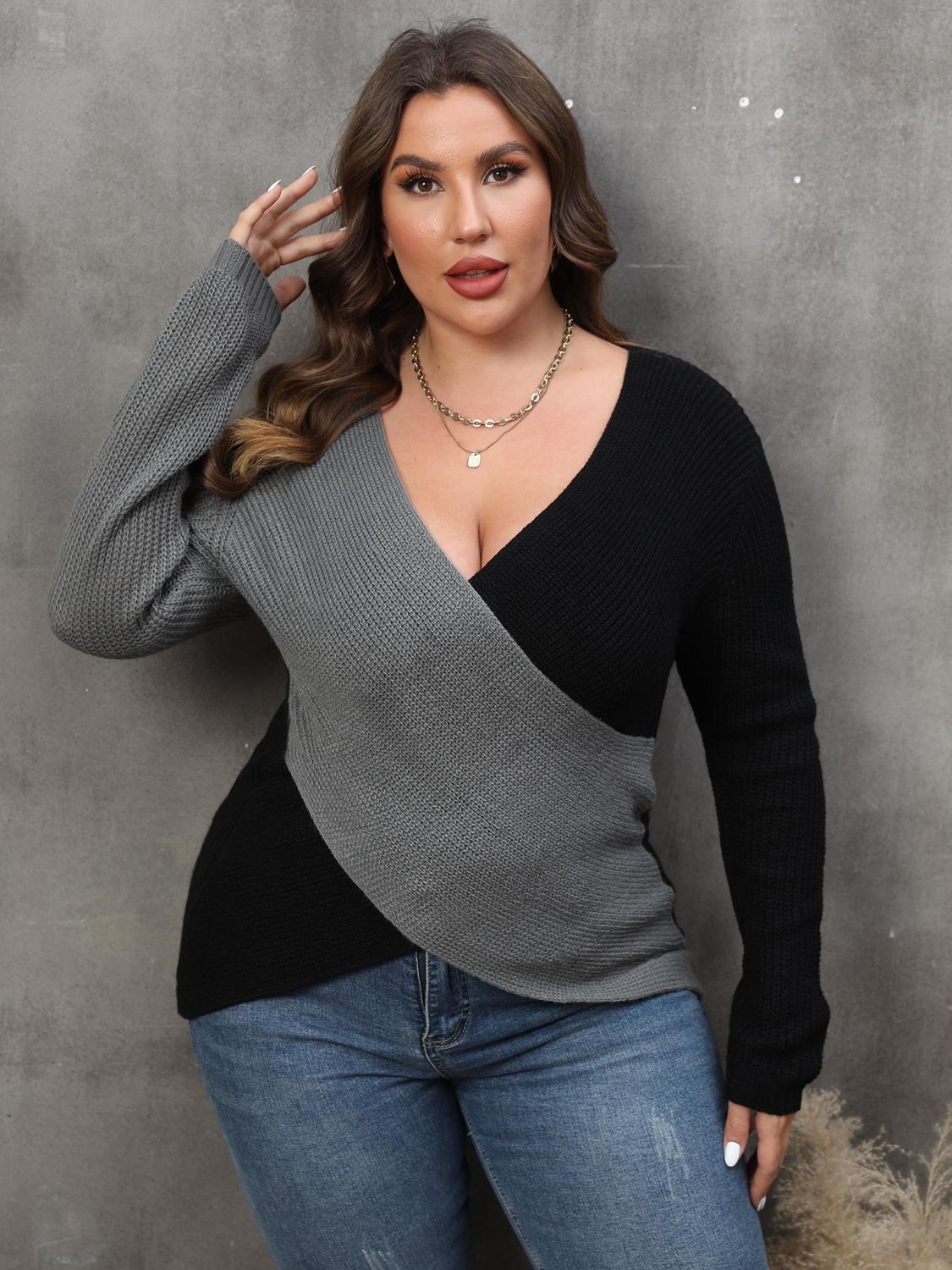 CurveChic Two-Tone Surplice Neck Sweater