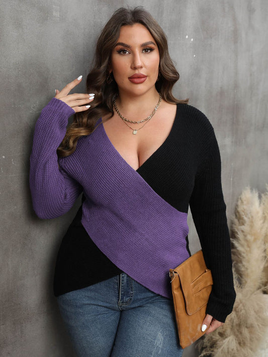 CurveChic Two-Tone Surplice Neck Sweater