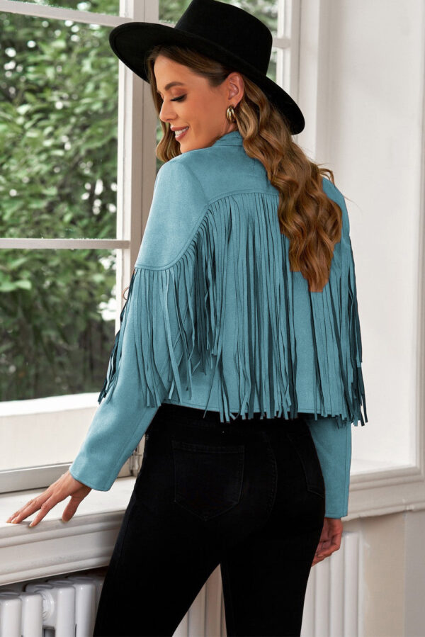 Fringe Trim Lapel Collar Cropped Blazer - Image 36