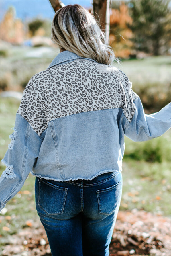 Plus Size Leopard Raw Hem Distressed Spliced Denim Jacket - Image 17