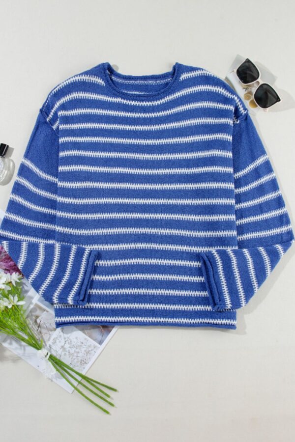 Striped Round Neck Dropped Shoulder Sweater - Image 795