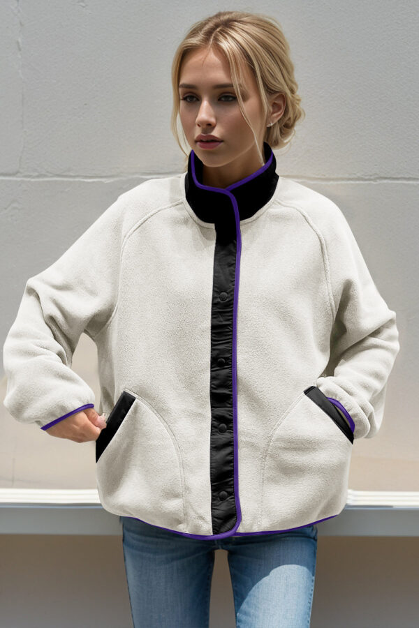 Double Take Snap Down Contrast Fleece Jacket with Pockets - Image 24